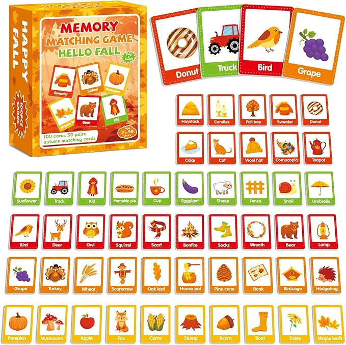 gisgfim 50 Pairs Fall Memory Matching Game Thanksgiving Happy Fall Concentration Memory Games for... | Amazon (US)