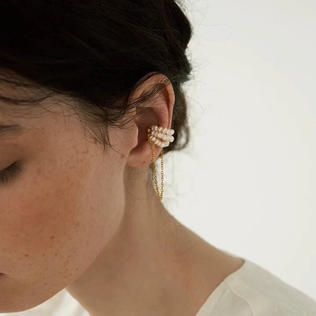 Real Freshwater Pearls Ear Cuff Gold Chain Ear Cuff Clip on - Etsy | Etsy (US)