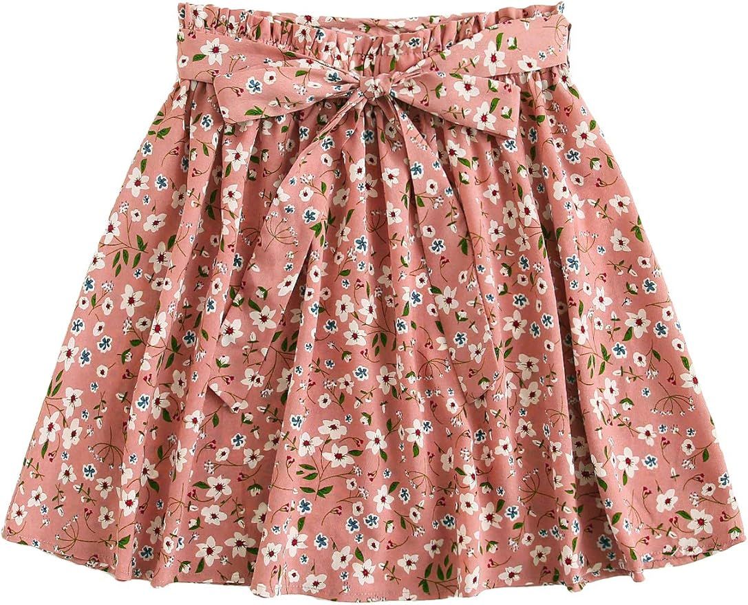 SheIn Women's Summer Floral Print Self Belted A Line Flared Skater Short Skirt | Amazon (US)