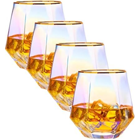 Diamond Wine Glass Set of 2, 10 OZ Modern Stemless Golden Edge Glass Cups Drinking Glassware for Ser | Amazon (US)