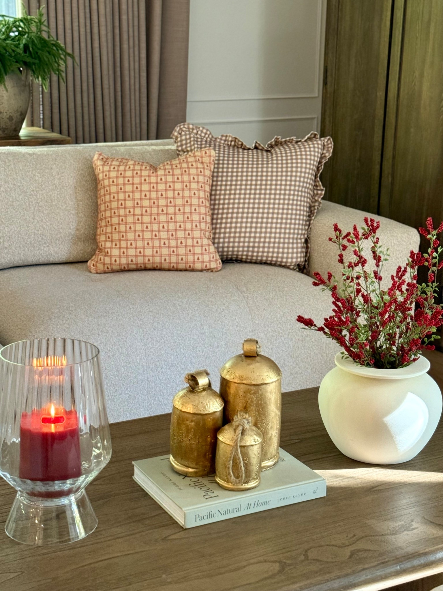 Coffee table decor for Christmas. 

Christmas decor, Christmas bells, hurricane candle holder, Christmas stems, traditional Christmas, throw pillows  

#LTKSaleAlert #LTKHoliday #LTKHome