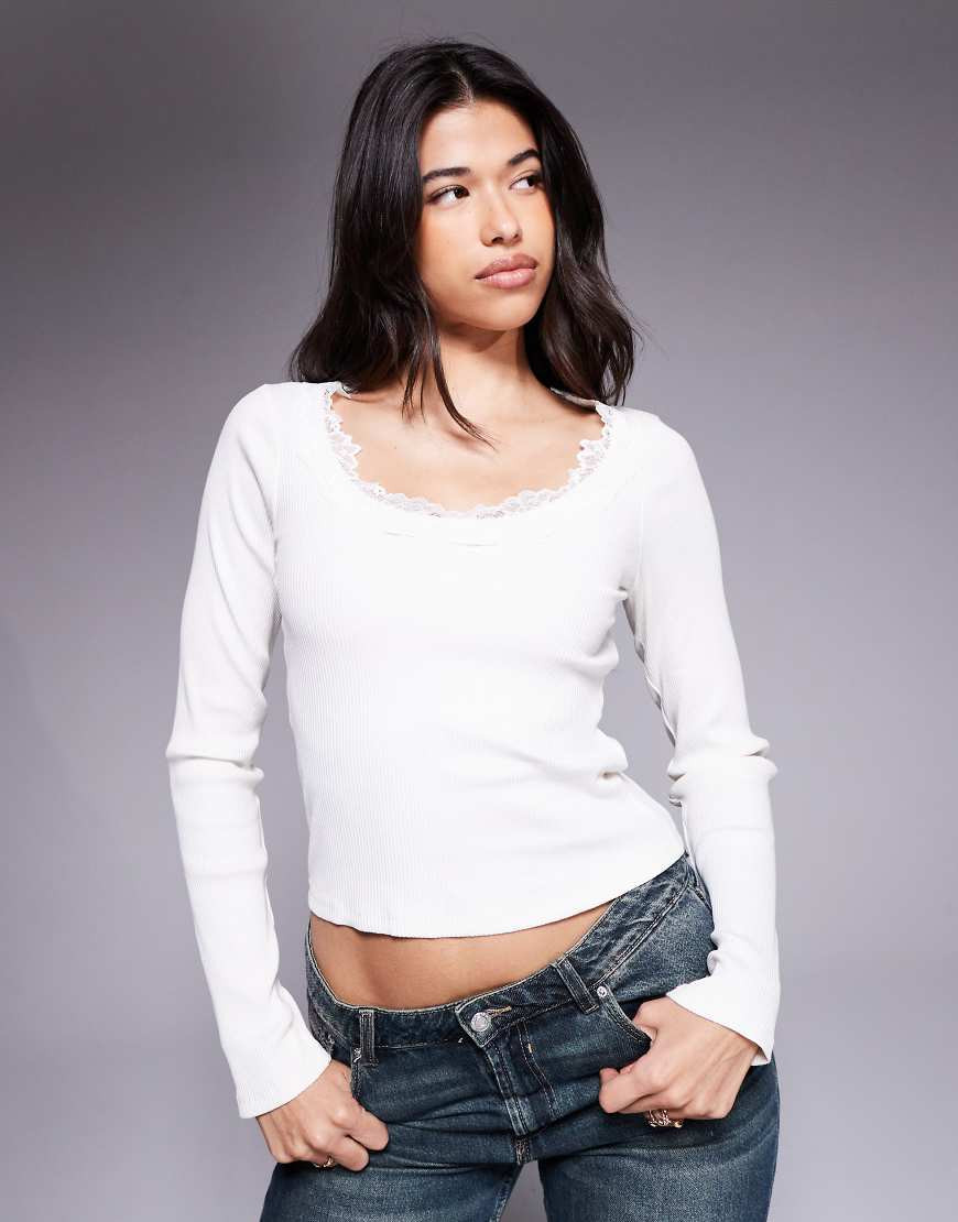 ASOS DESIGN ribbed round neck long sleeve top with lace trim in cream - CREAM-White | ASOS (Global)