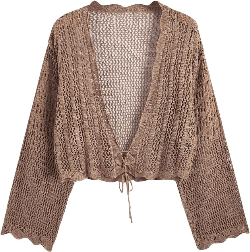 Floerns Women's Plus Size Tie Front Long Sleeve Crochet Cardigan Crop Top | Amazon (US)