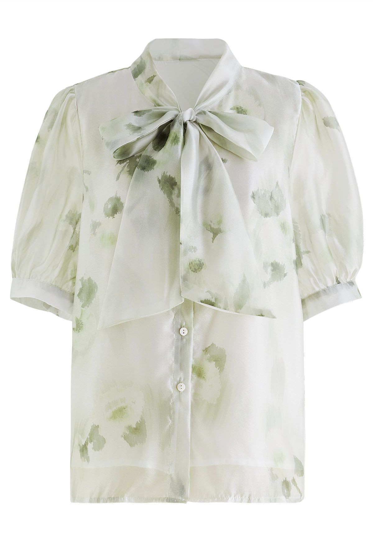 Watercolor Floral Bowknot Sheer Shirt in Green | Chicwish