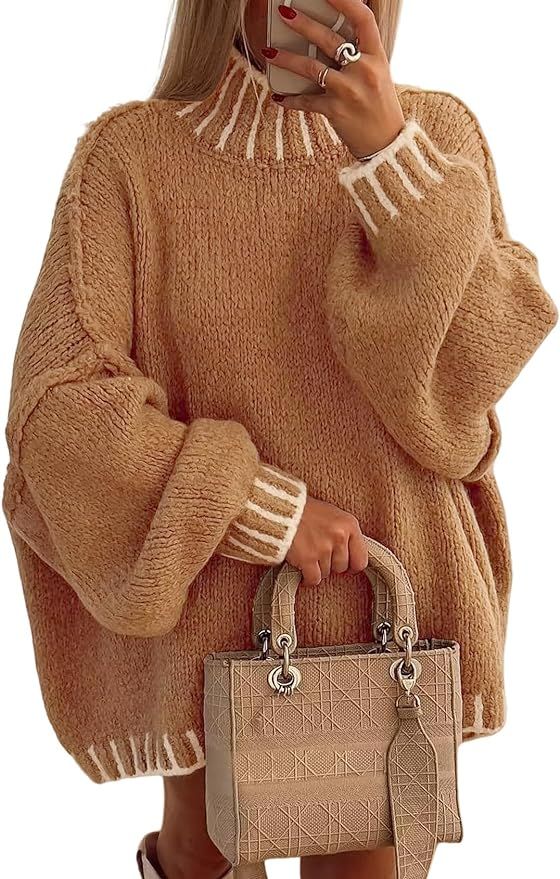 Yimoon Women's 2023 Fall Mock Turtleneck Sweater Oversized Contrast Stitching Long Sleeve Chunky ... | Amazon (US)
