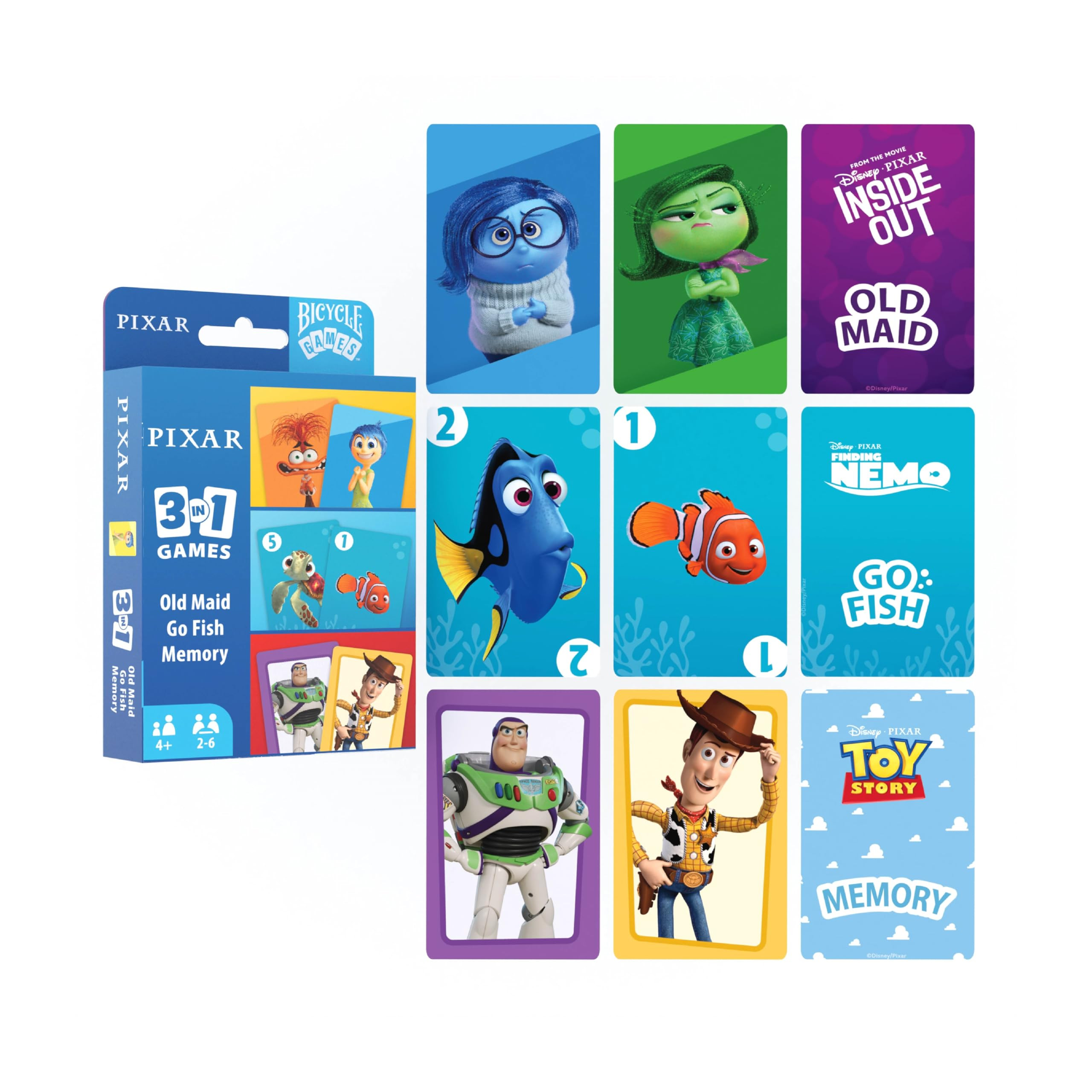 Amazon.com: Bicycle Disney and Pixar 3-in-1 Card Games, Old Maid, Go Fish & Memory, Featuring Toy Story, Finding Nemo & Inside Out Characters, Kids Card Games Ages 4+, Family Games for 2-6 Players | Amazon (US)