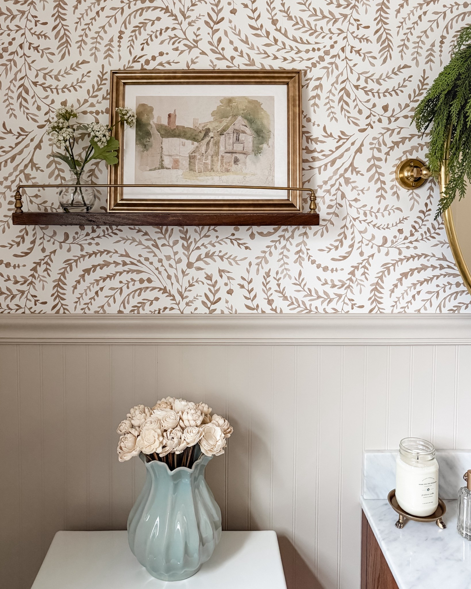 New bathroom, new decor. These hearth and hand pieces from the spring line complement the powder room wallpaper perfectly. 