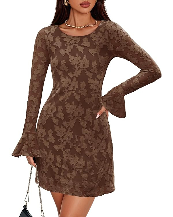 ZESICA Fall Mini Dresses for Women 2025 Long Sleeve Floral Mesh Crewneck Bodycon Cocktail Party C... | Amazon (US)