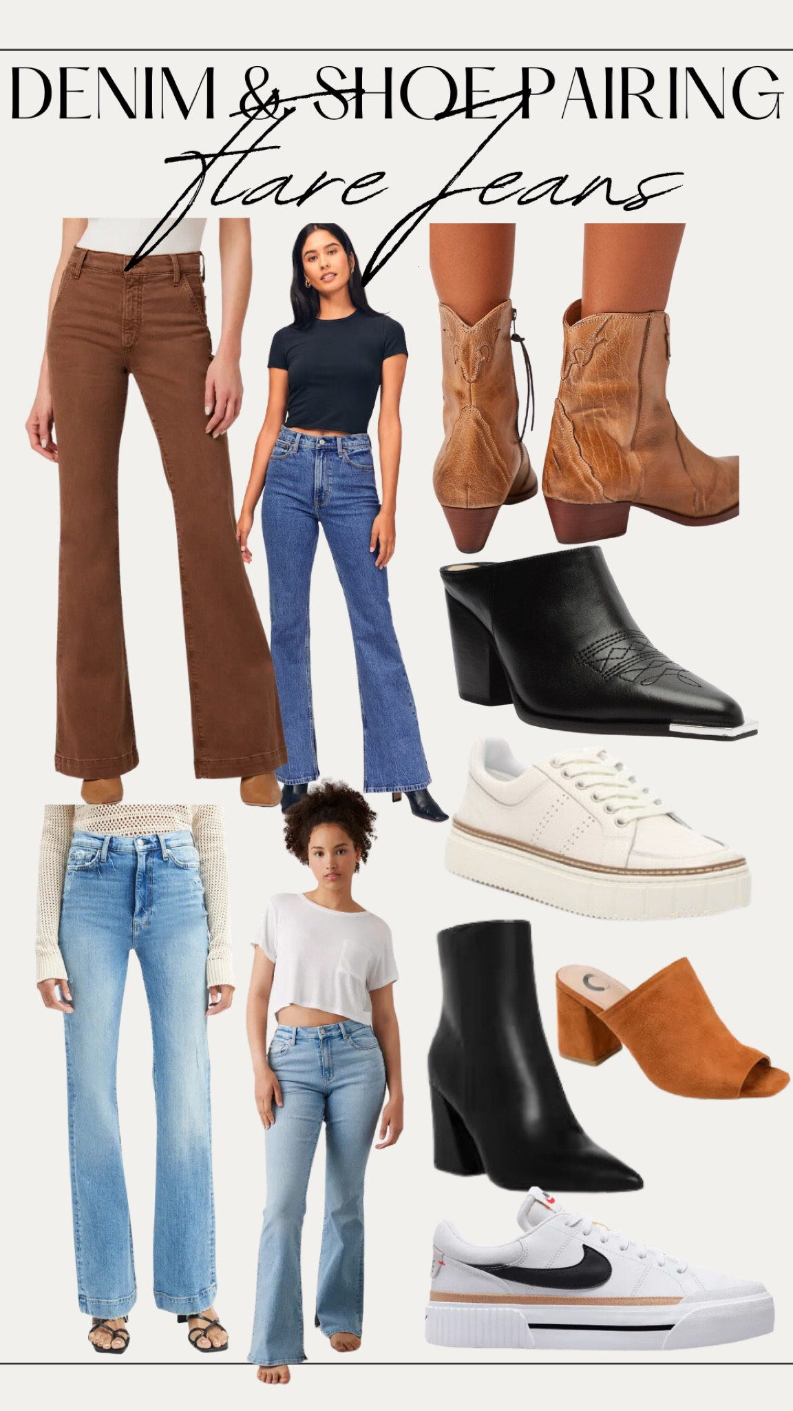 Denim and shoe pairings what to wear with flare jeans! The perfect fall shoe pairings for flare jeans: heeled mules, platform sneakers, western boots, pointed toe boot #fallshoes #fallboots #sneakers #falloutfits 

#LTKshoecrush #LTKstyletip #LTKsalealert