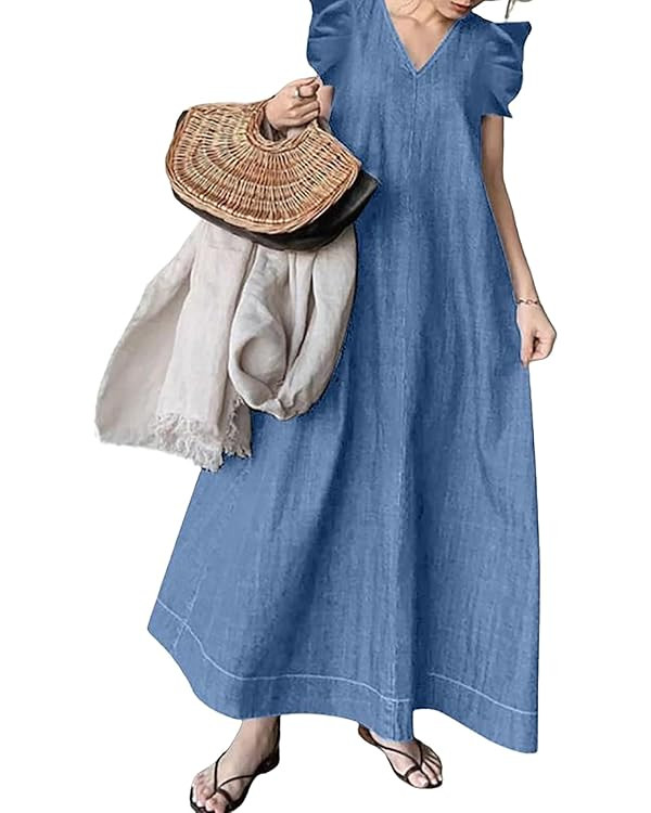 utcoco Womens Long Denim Dress Casual Loose Fit Ruffle Sleeveless V-Neck Jean Maxi Dresses for Wo... | Amazon (US)