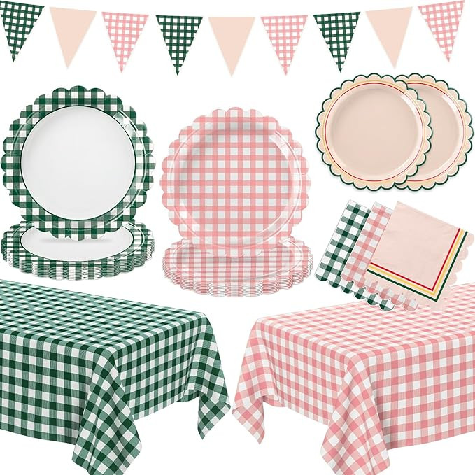 102 PCS Camp Bachelorette Decorations - Scalloped Gingham Plates, Napkins, Cups, Banner, Gingham ... | Amazon (US)