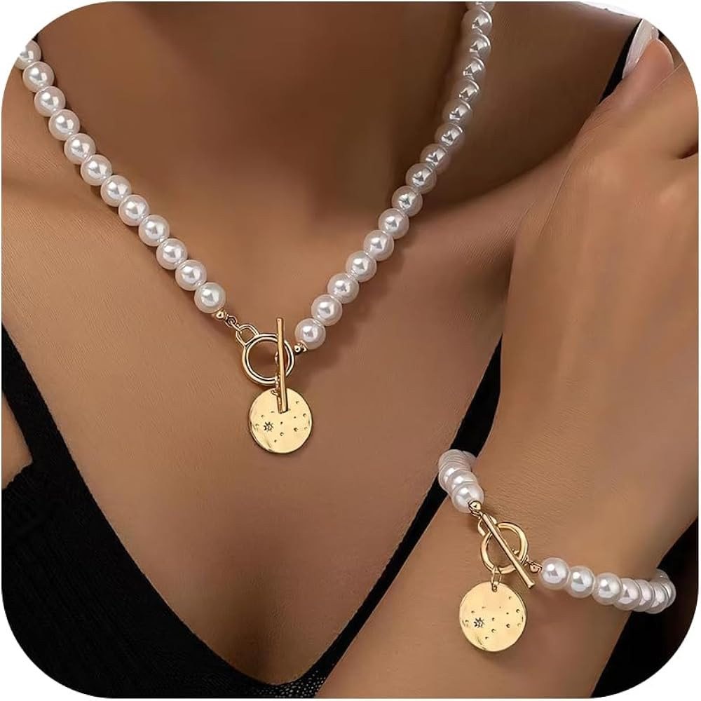 Pearl Necklace and Earring Set Big Pearl Jewelry Set for Women White Large Statement Necklace Wed... | Amazon (US)