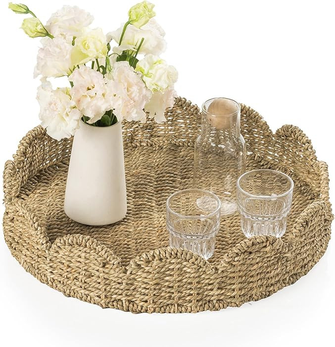 Wicker Tray, Handwoven Woven Tray with Handles and Scalloped Edge, Round Wicker Basket for Home D... | Amazon (US)