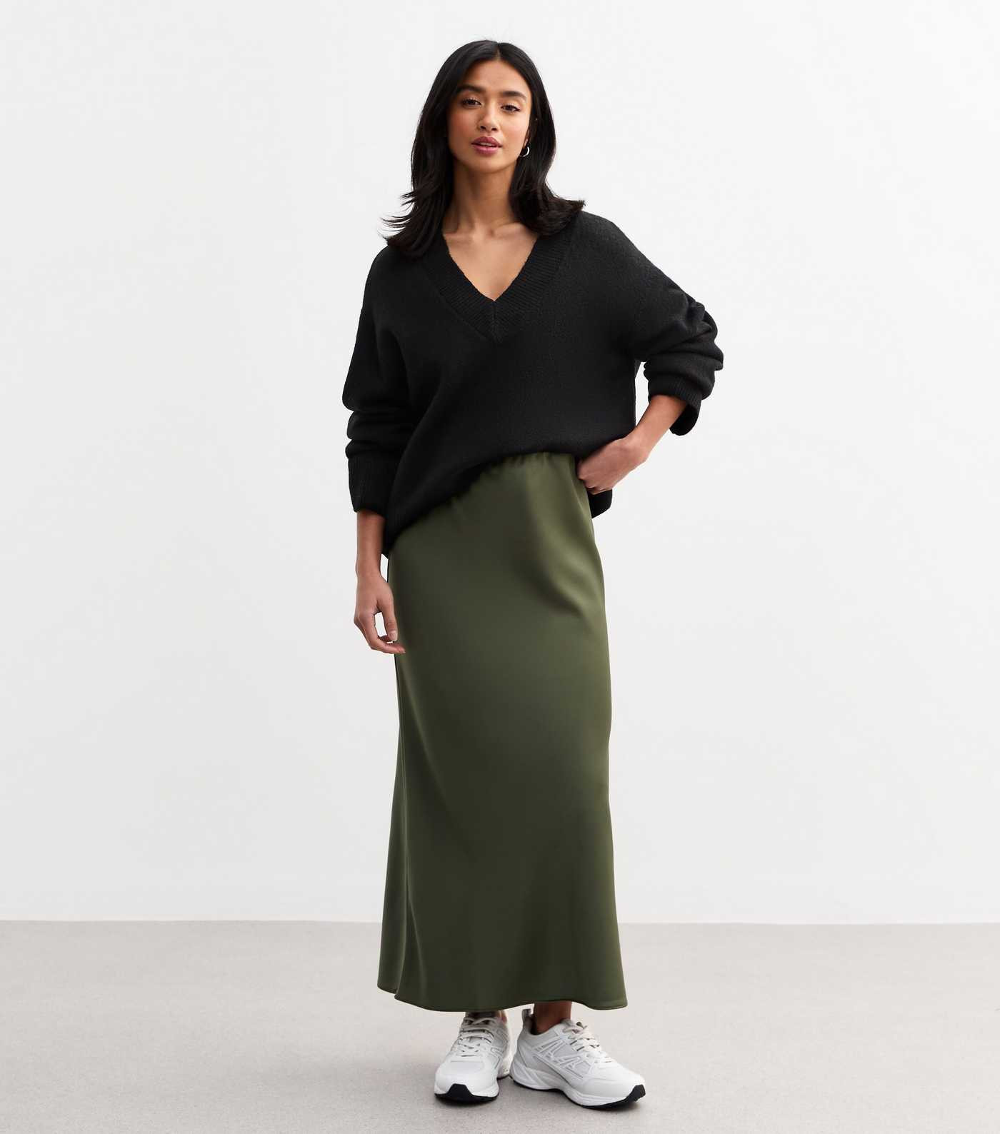 Petite Khaki Satin Midi Skirt | New Look | New Look (UK)