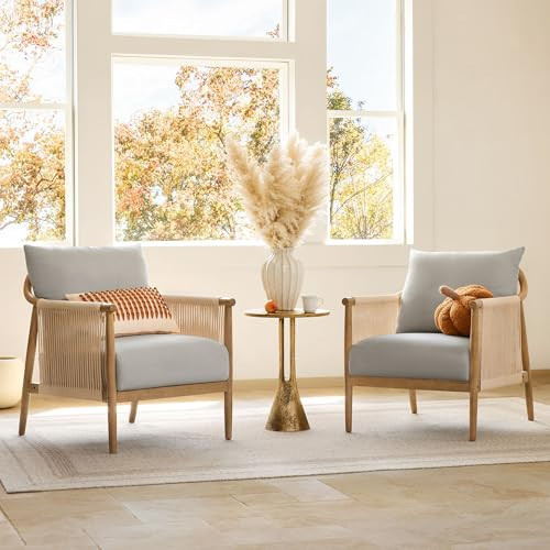 CHITA Braid Accent Chair Set of 2, Modern Armchair with Solid Wooden Armrest for Living Room and Bedroom, Boho Reading Chair, Light Grey | Amazon (US)