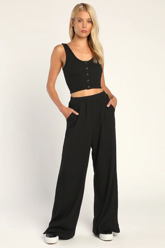 Cute and Chillin' Black Ribbed Wide-Leg Lounge Pants | Lulus (US)