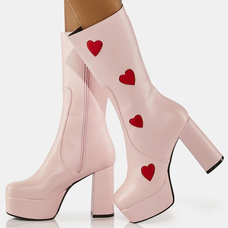 Pink Platform Mid Calf Boots Women's Square Toe Hearts Print Heels | FSJshoes