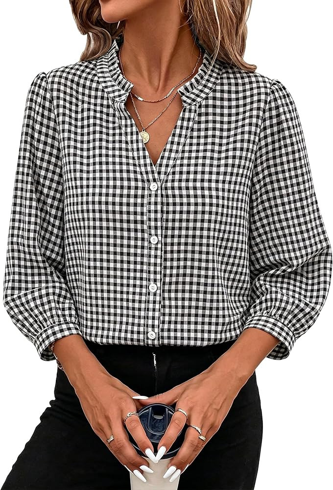 SimpleFun Womens Button Down Shirt 3/4 Sleeve Ruffle V Neck Striped Blouses | Amazon (US)