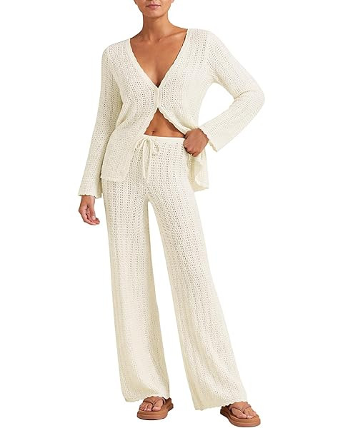 Imily Bela Women's Summer 2 Piece Swimsuit Cover up Crochet Knit Cardigan Tops Long Pants Set Bat... | Amazon (US)