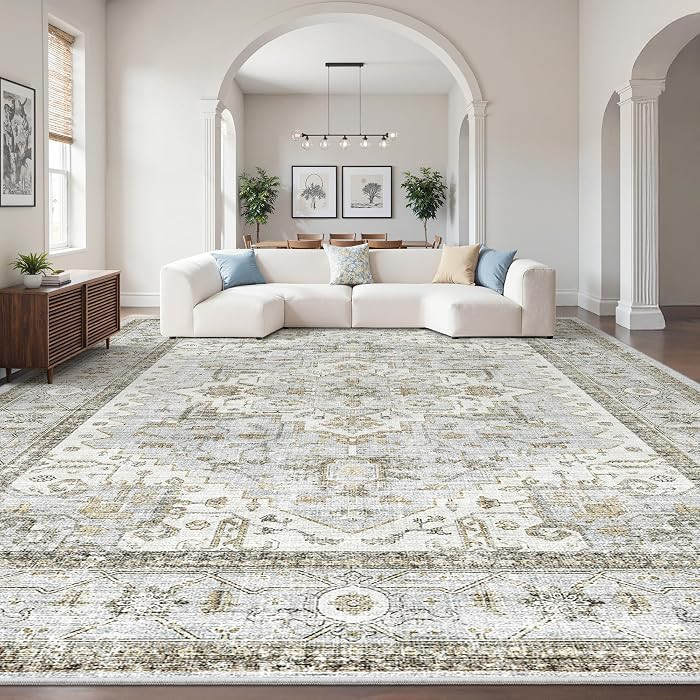 Washable Area Rugs for Living Room 9x12 Vintage Floral Large Soft Rug Blue | Amazon (US)