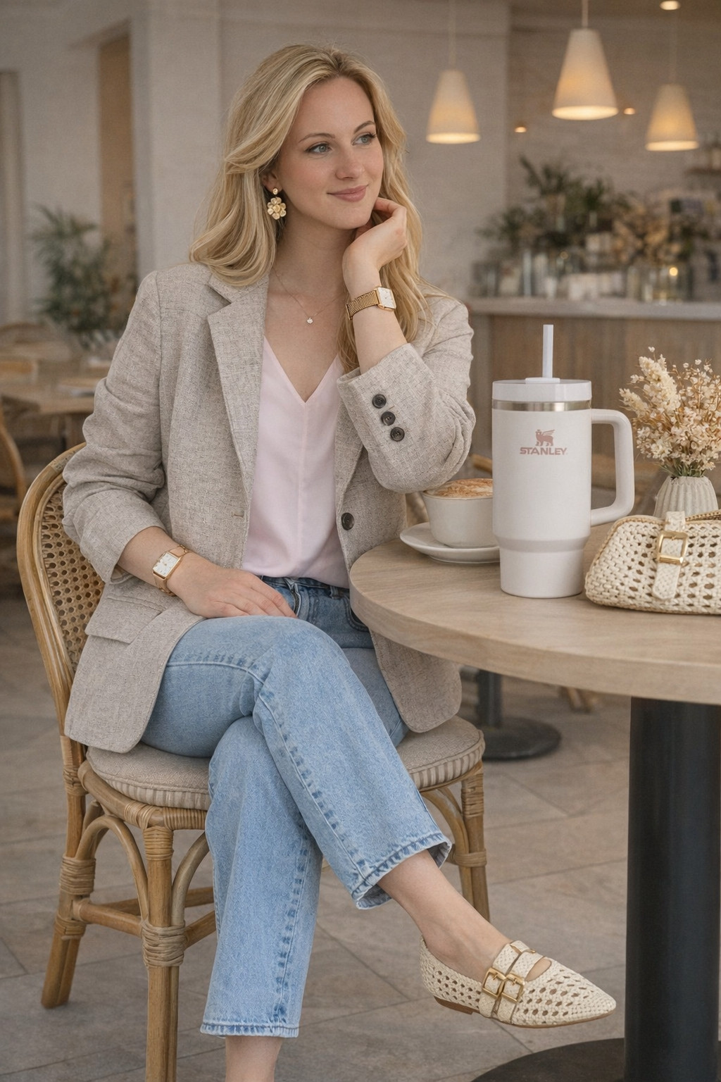 Spring outfit in beige blazer jeans and sling backs 

#LTKstyletip #LTKjeans #LTKspring