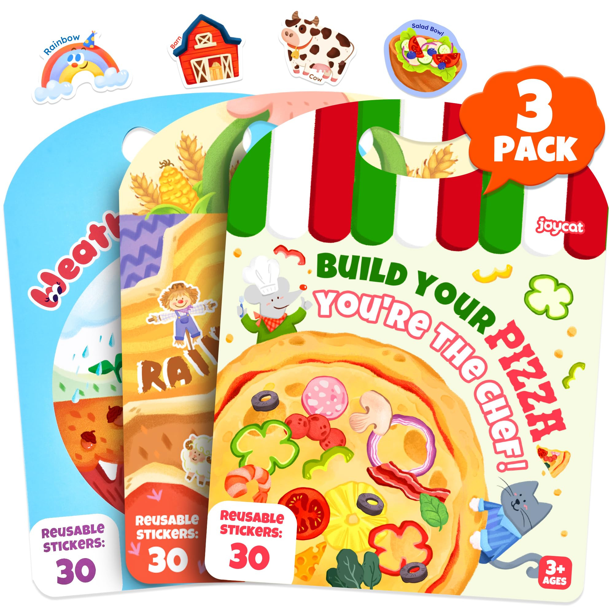 JoyCat Reusable Sticker Book Set (3-Pack): Farm, Pizza-Making, Weather - 90 Pcs Stickers for Todd... | Amazon (US)