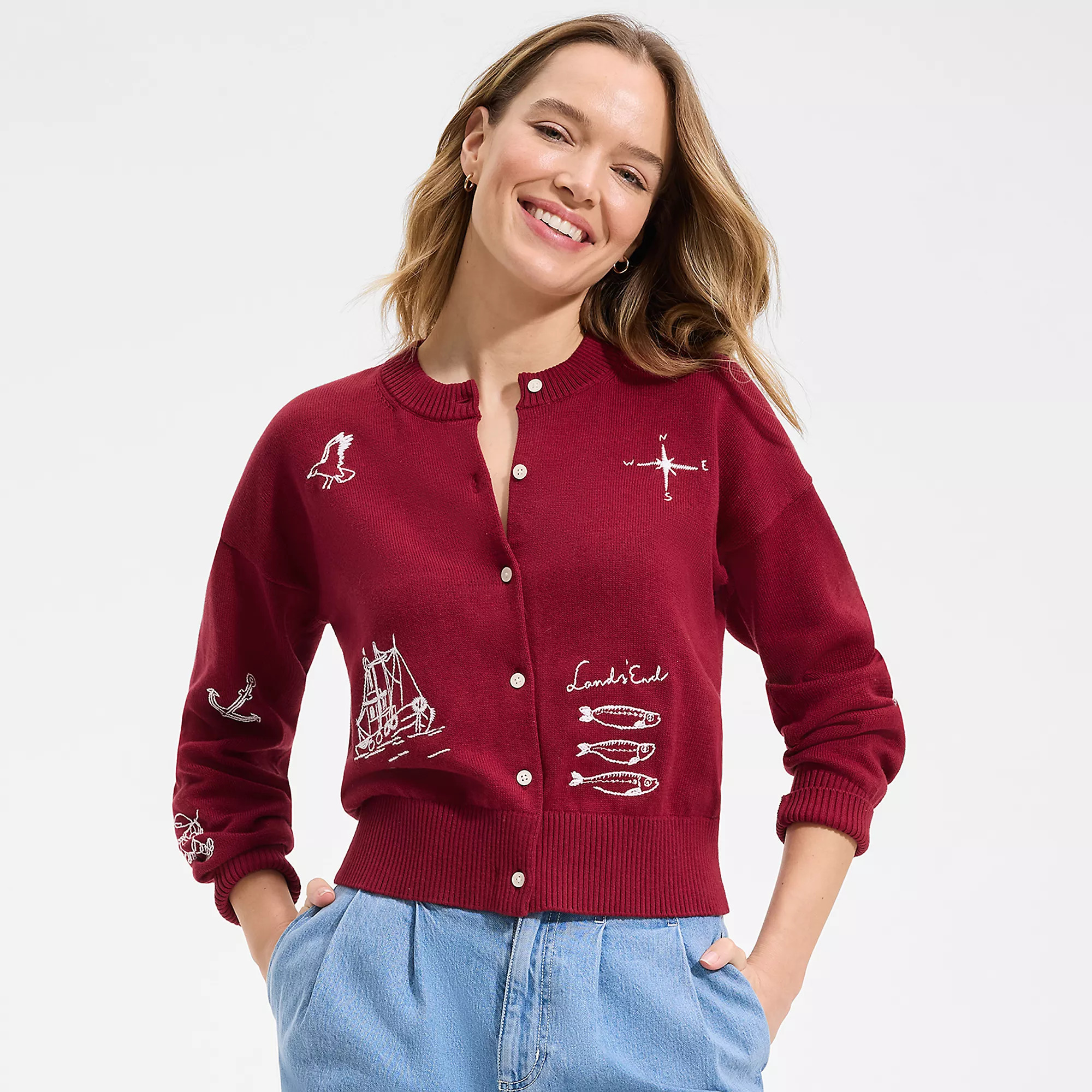 Women's Cotton Embellished Cardigan Sweater | Lands' End (US)
