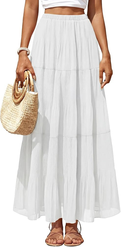 Women's Chiffon Pleated Maxi Skirt Elastic High Waisted Boho A-Line Fall Flowy White Long Skirts ... | Amazon (US)