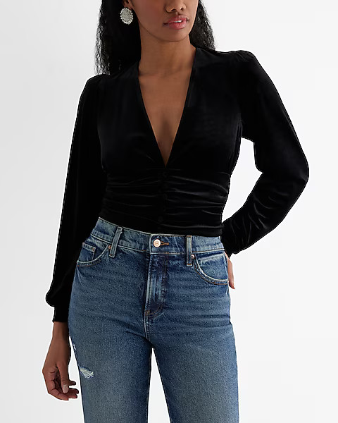 Velvet Deep V-Neck Ruched Button Front Top | Express