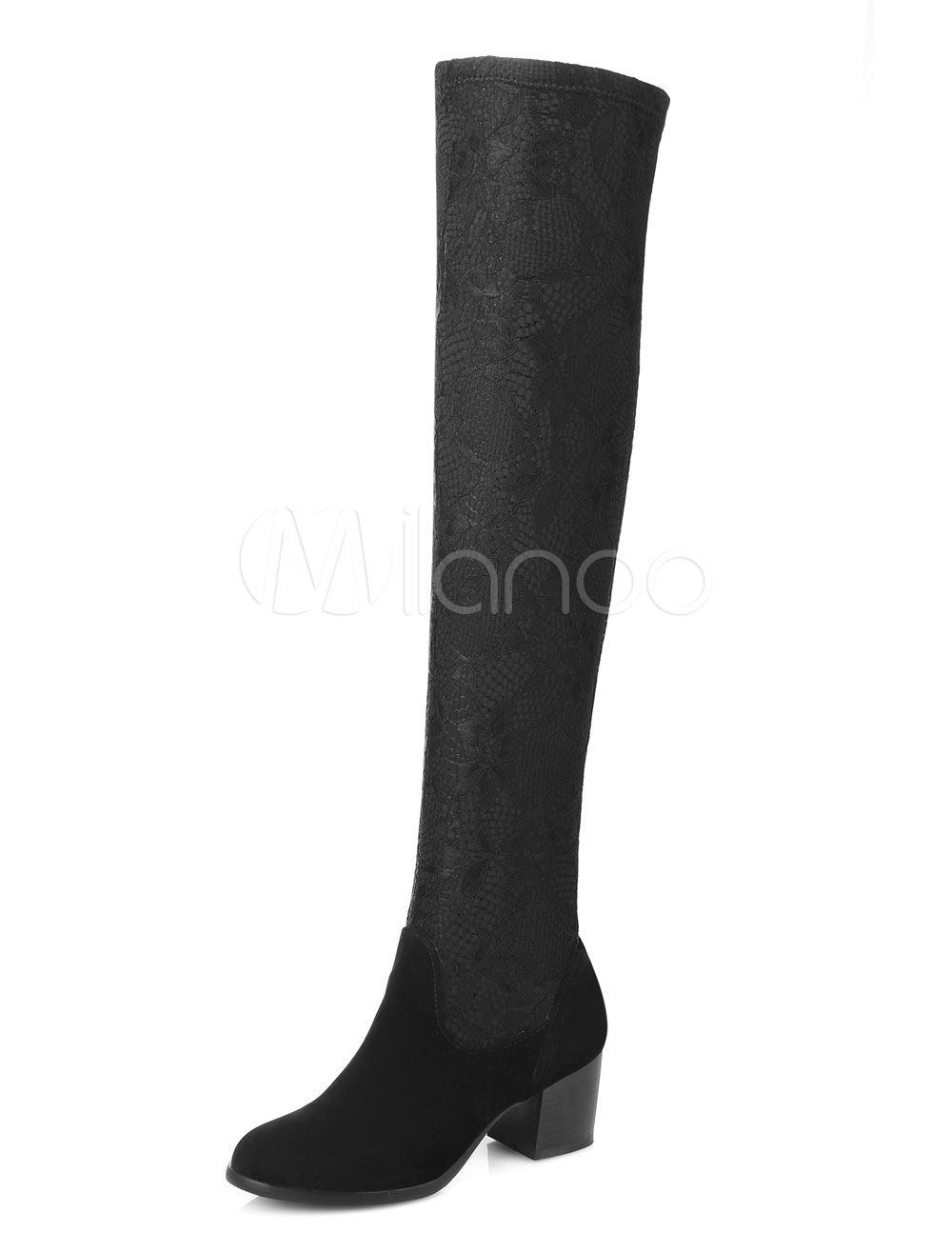 Black Stretch Boots Women's Chunky Middle Heel Over Knee Boots | Milanoo