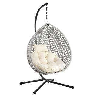 1-Person Gray Metal Durable Hanging Egg Chair Patio Swing with Beige Soft Removable Cushion for Balcony | The Home Depot