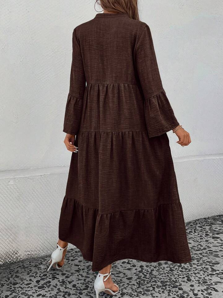 SHEIN LUNE Notched Neck Flare Sleeve Solid Color Dress, Casual Holiday Style Maxi Women Outfit Fa... | SHEIN