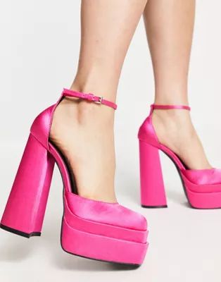 Daisy Street Exclusive double platform heeled shoes in bright pink satin | ASOS (Global)