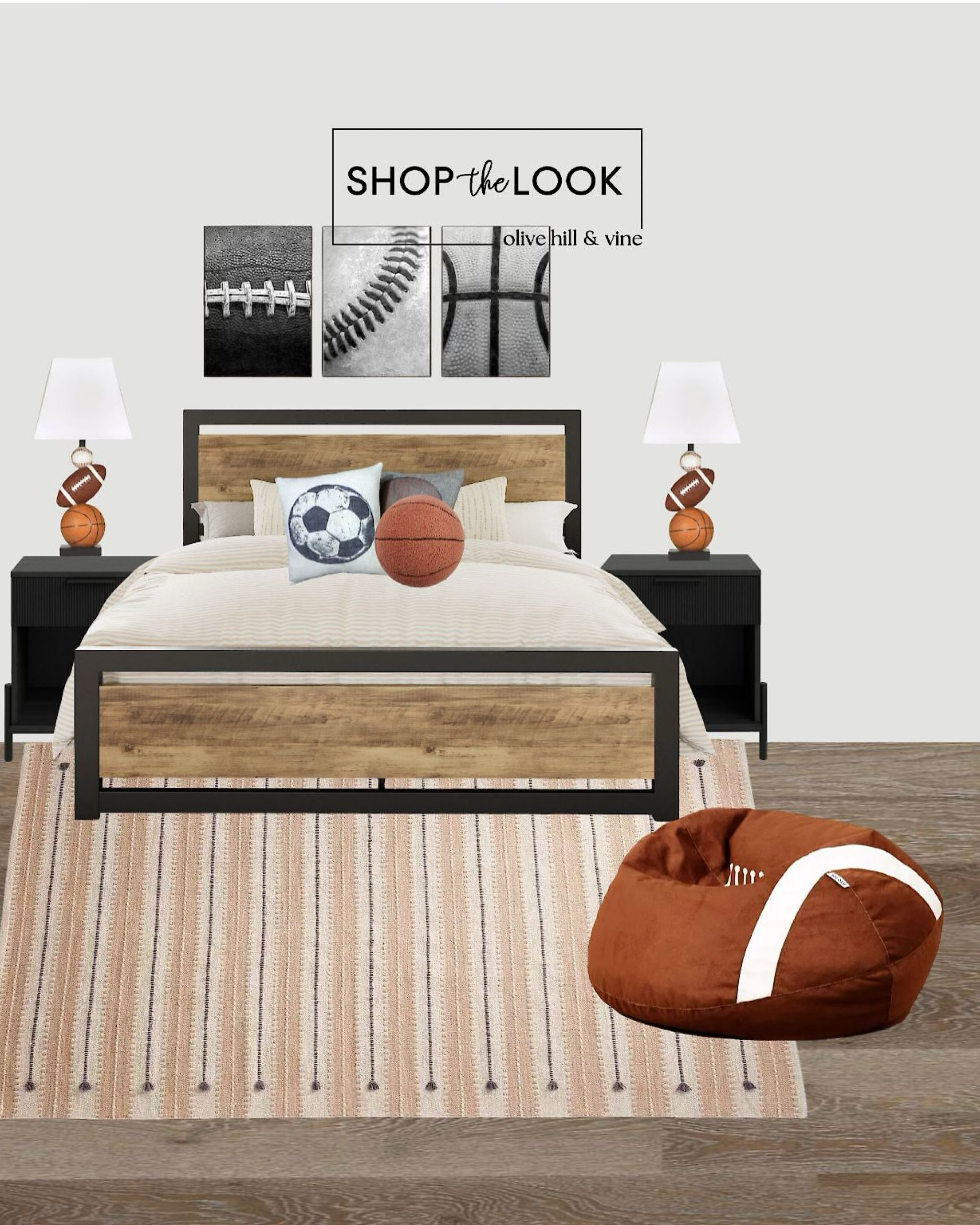 Score big in a sports-inspired bedroom! The platform bed showcases clean lines with a distressed wood frame, paired with black ribbed-front nightstands. A striped rug, stacked sports lamp, and themed art bring the arena vibes home. Add cozy ball pillows and a football beanbag for a winning touch! 

#LTKKids #LTKFamily #LTKHome