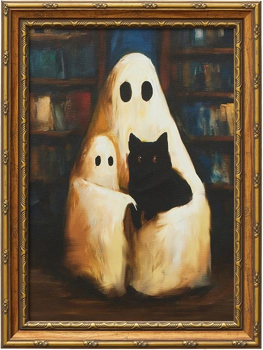 QIESIDM Framed Vintage Halloween Ghost Canvas Wall Art, Cute Ghost Holding Child and Black Cat Pi... | Amazon (US)