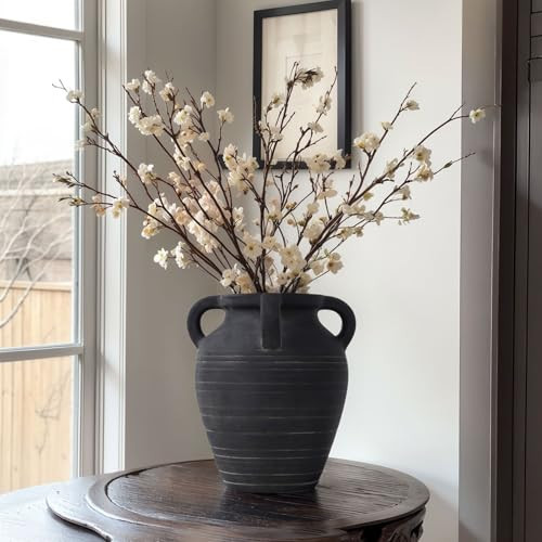 Handmade Large Black Vase - 10" Tall Terracotta Vases with 4 Ear Design, Wide Mouth Vintage Vases, Rustic Antique Decor Matte Black Ceramic Vase for Home Decor, Living Room, Table, Fireplace Decor | Amazon (US)