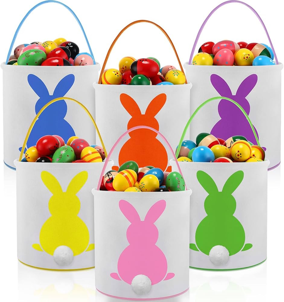 Honeydak 6 Pcs Canvas Easter Bunny Baskets for Kids Bulk Tote Bunny Egg Hunt Bags Printed Fluffy ... | Amazon (US)