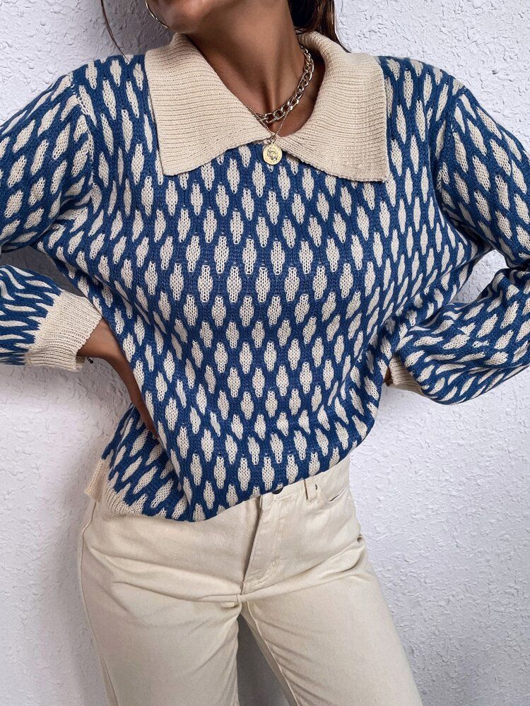 Argyle Pattern Lantern Sleeve Sweater | SHEIN