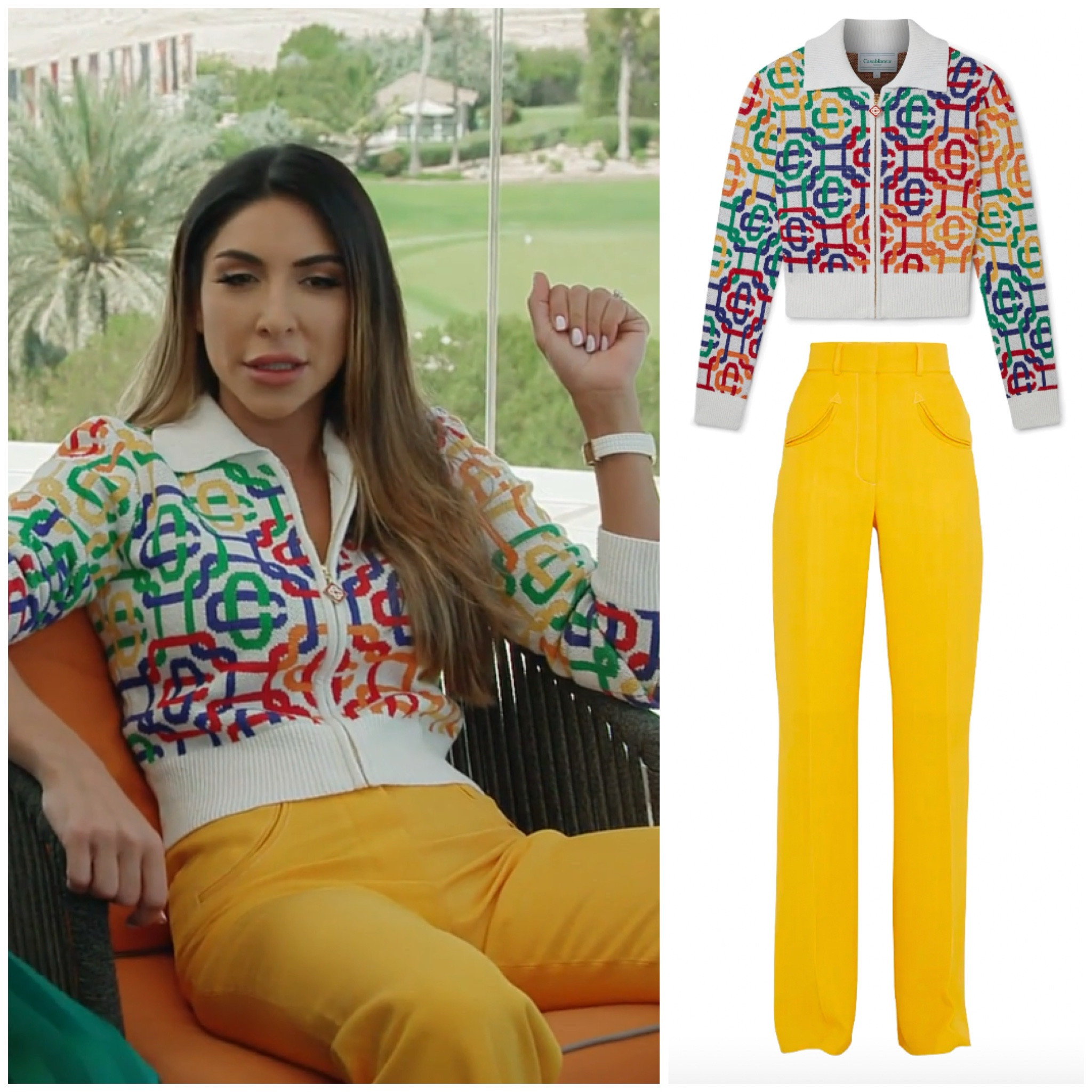 Taleen Marie’s Rainbow Print Cardigan and Yellow Pants are by Casablanca 
