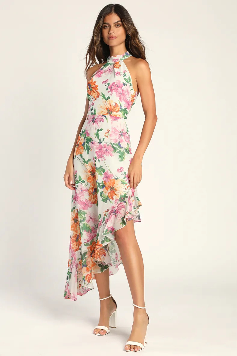 Season's Best White Floral Print Asymmetrical Midi Dress | Lulus (US)