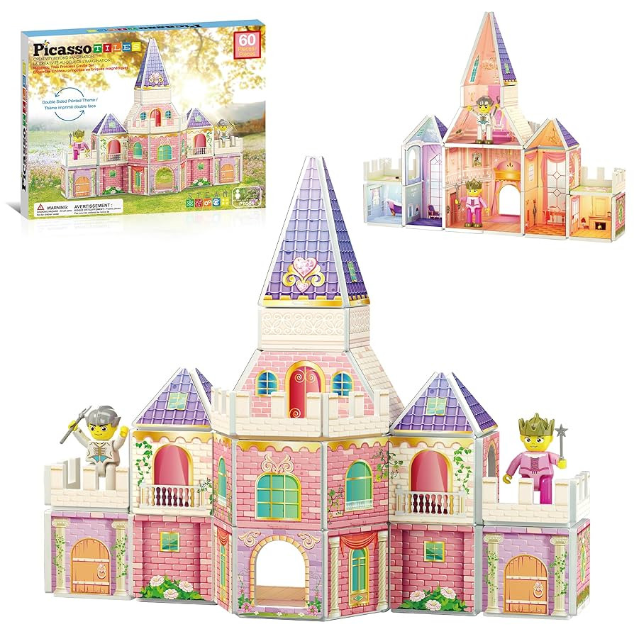 PicassoTiles 60pc Magnetic Tile Princess Castle Building Set with Double Sided Printed Tiles 2 Ch... | Amazon (US)