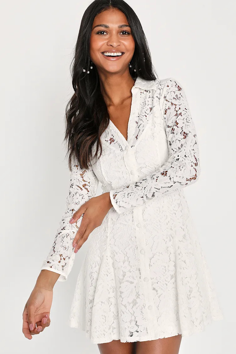 Particularly Precious White Lace Long Sleeve Collared Mini Dress | Lulus (US)