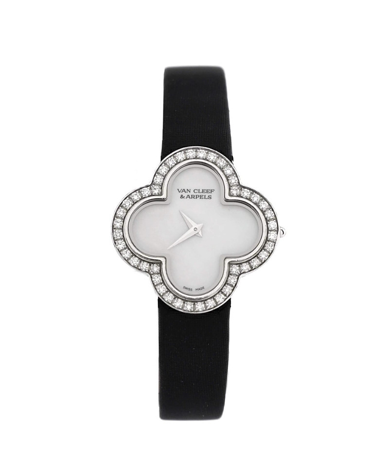 Pre-Owned Van Cleef & Arpels Alhambra Quartz Watch in White Gold and Satin with Diamond Bezel and Mother of Pearl 26mm | Bloomingdale's (US)