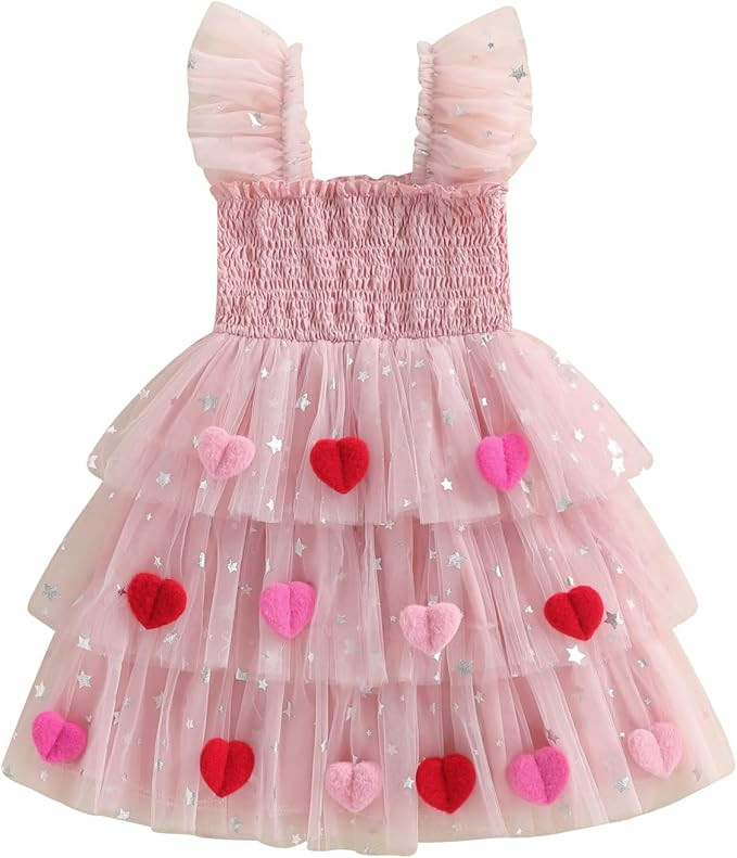 Toddler Valentines Outfit Girl Baby Heart Fly Sleeve Mesh Layered Princess Dress Little Girls Sum... | Amazon (US)