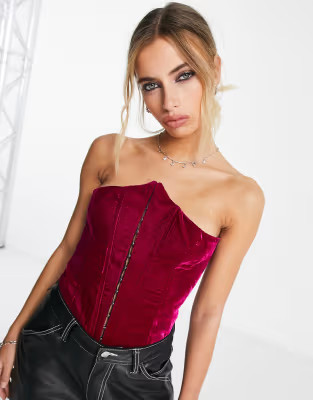 ASOS DESIGN bandeau corset with hook & eye in berry velvet | ASOS (Global)