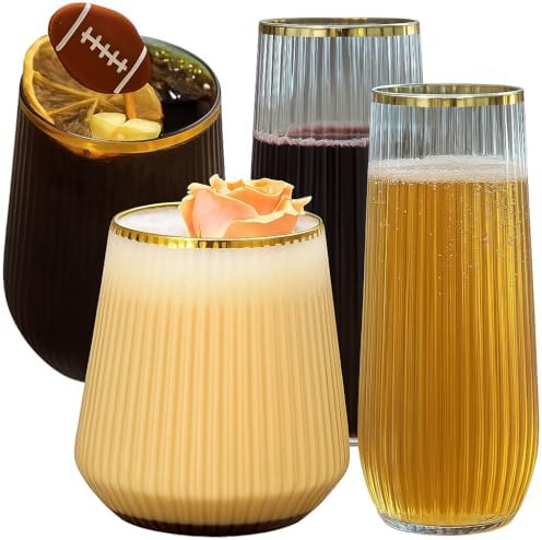 Oojami 48 Pack Ribbed Origami Ripple Plastic Glasses, 24 9 Ounce Stemless Champagne Flutes & 24 1... | Amazon (US)