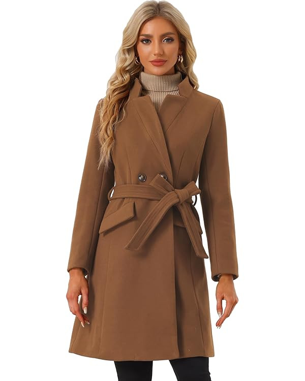 Allegra K Winter Belted Coat for Women's Stand Collar Buttoned Outwear Mid-Long Work Overcoat | Amazon (US)