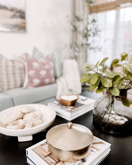Coffee table styling, greenery, pillows, candle, heart shape candle, bowl, bowl filler, books, coffee table books, trinket, 

#LTKstyletip #LTKhome #LTKunder50