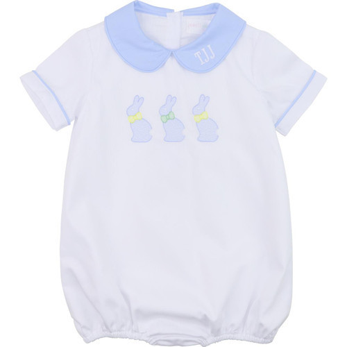 White And Blue Pique Embroidered Bunny Bubble | Cecil and Lou