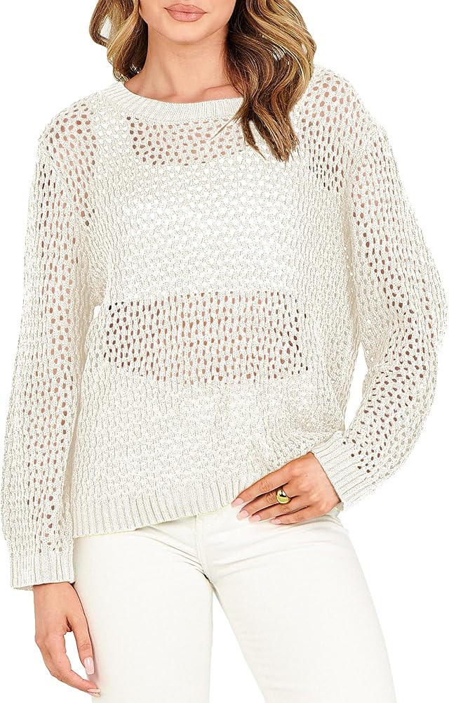 ANRABESS Women's Crochet Cover Up Shirt Hollow Out Long Sleeve Beach Swimwaer Mesh Pullover Top 2... | Amazon (US)